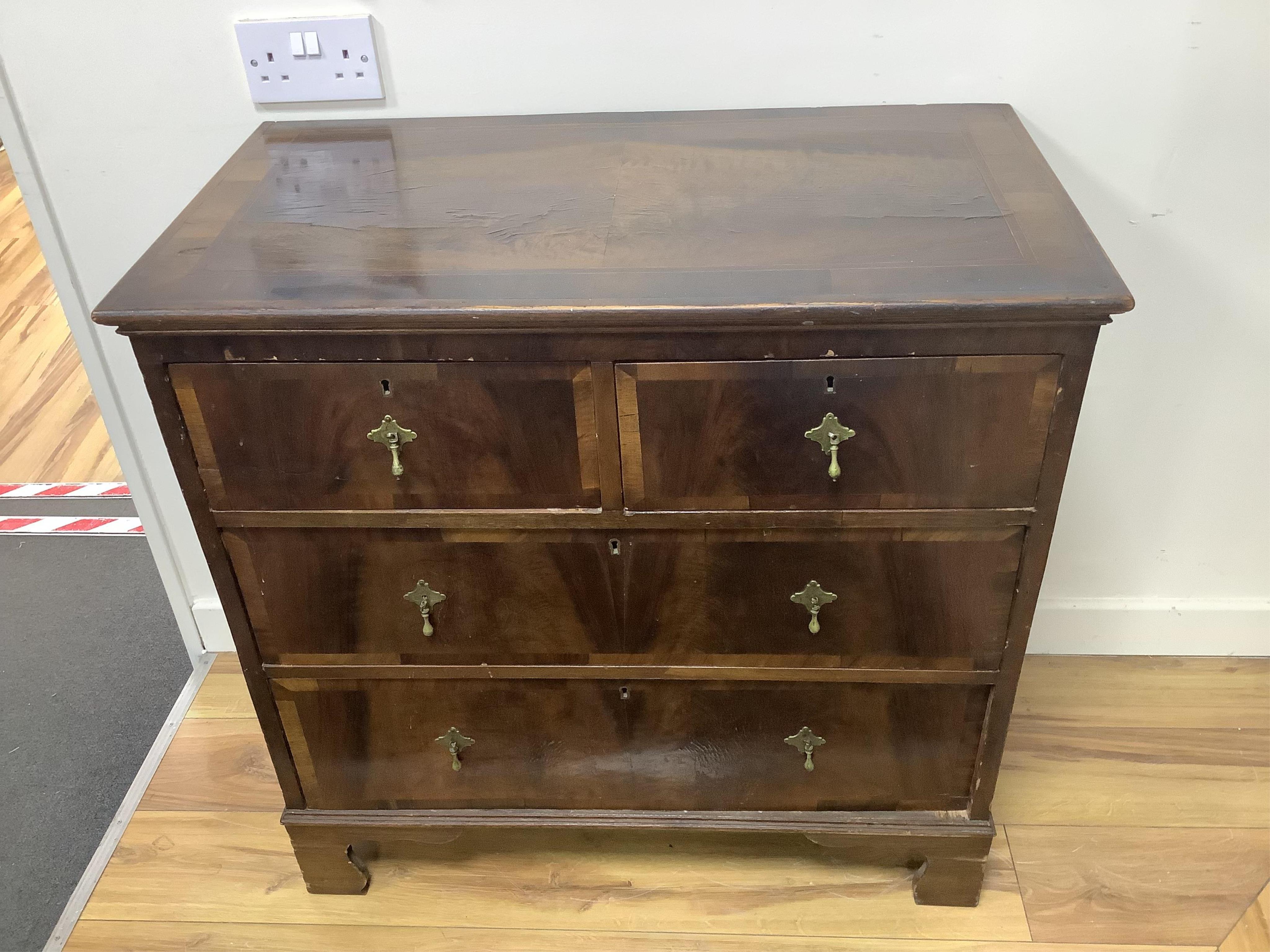 A small Queen Anne Revival banded walnut chest, width 82cm, depth 45cm, height 80cm. Condition - fair